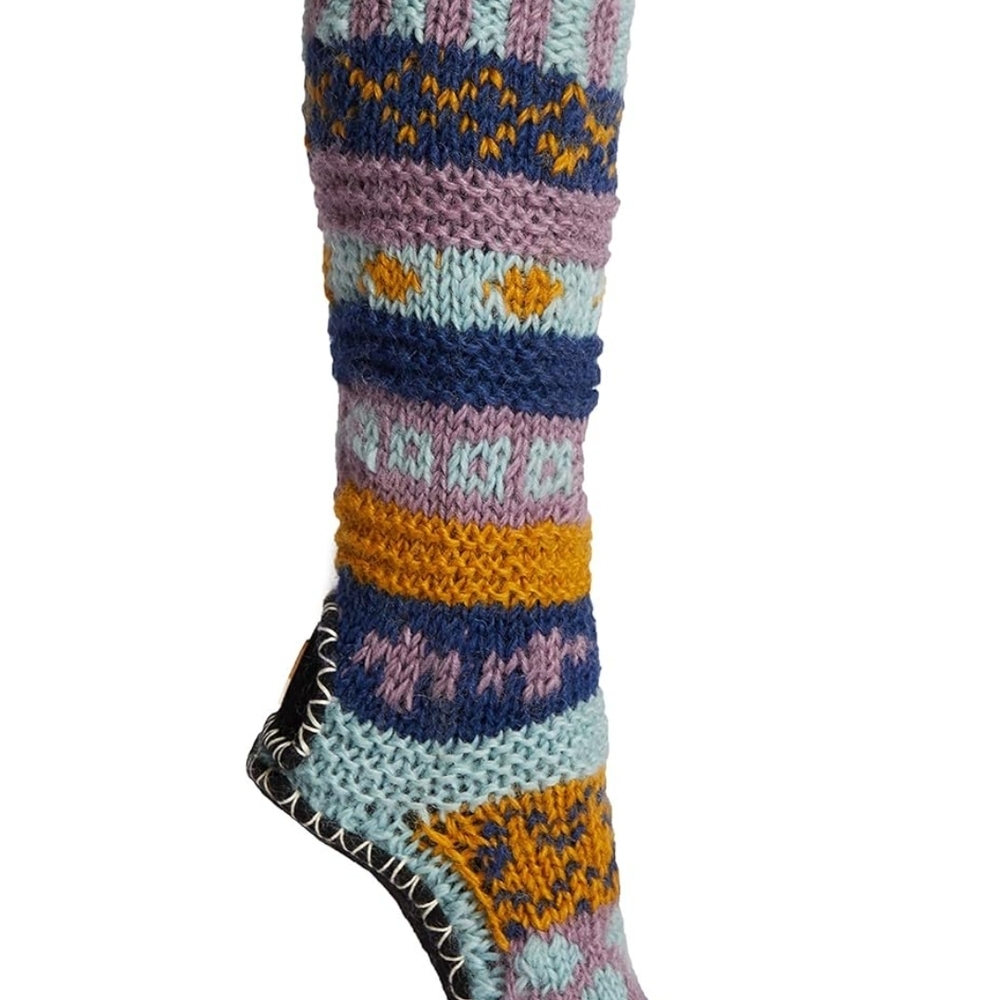 Tibetan Socks Hand Knit Wool Fleece Lined Long Slipper Socks with Non Slip Soles